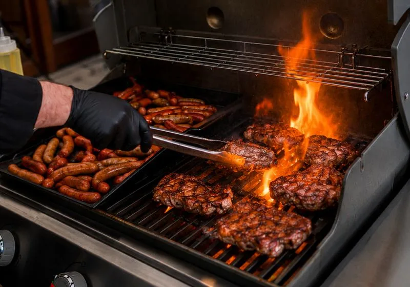 Grill food station, grilled meat and vegetables